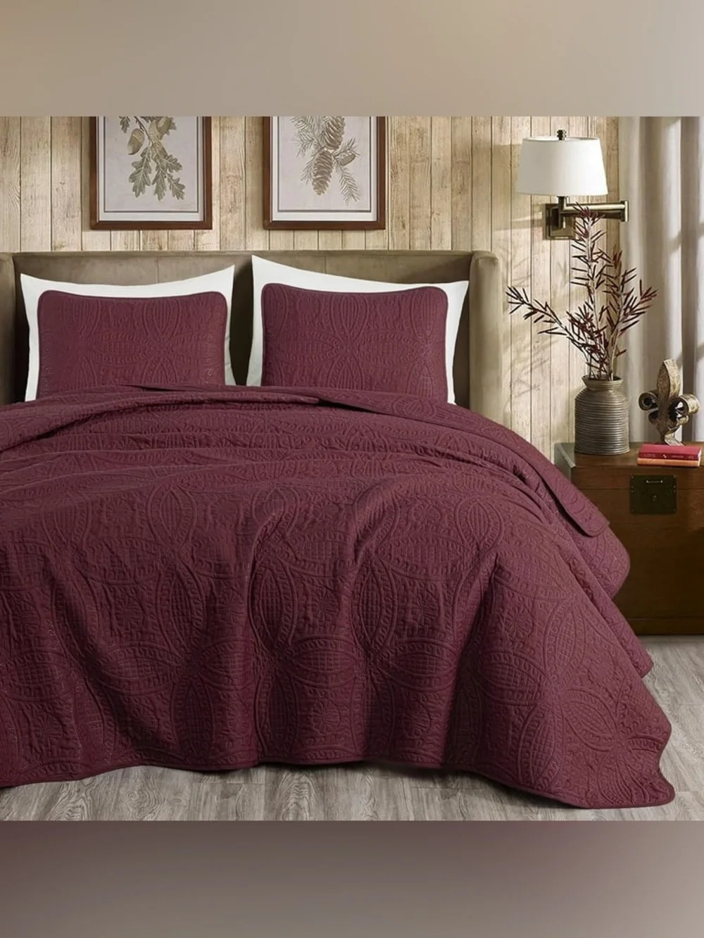 Queen 3 piece Quilted Bedspread Set in Burgundy